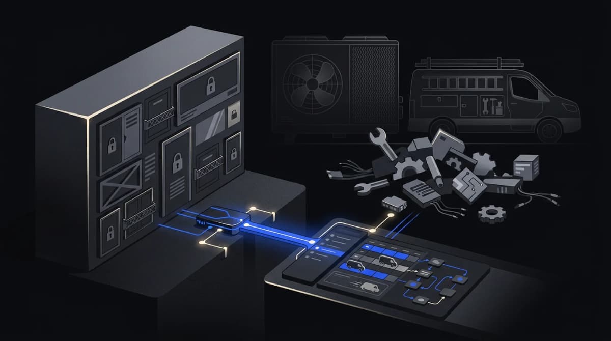 Illustration: a locked monolithic software platform and a pile of loose tools, joined by a small custom module that plugs into an HVAC dispatch board