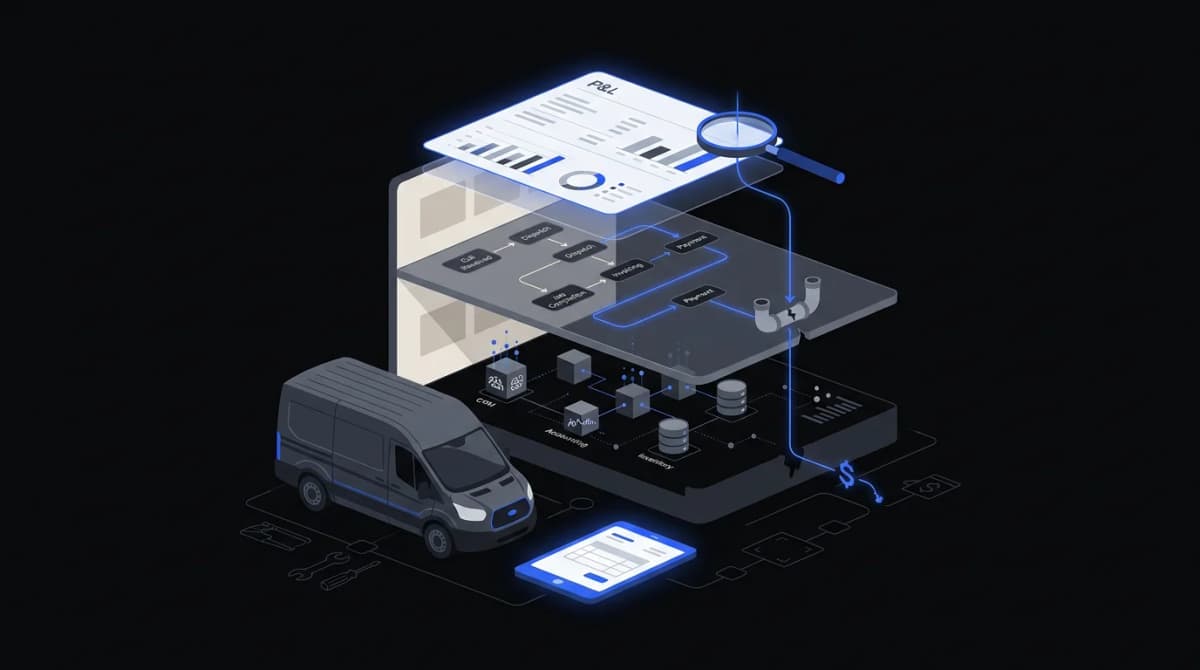 Illustration: a service van and job ticket in front of a layered cutaway of a business, with a cobalt lens tracing where margin leaks from the P&L through operations and systems