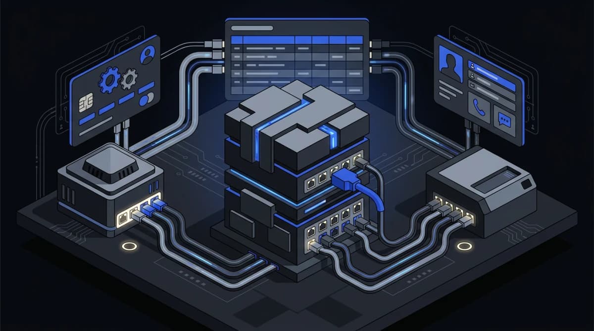 Illustration: three field service platform blocks with connection ports cabled to accounting, payroll and CRM, one gap bridged by a small custom adapter